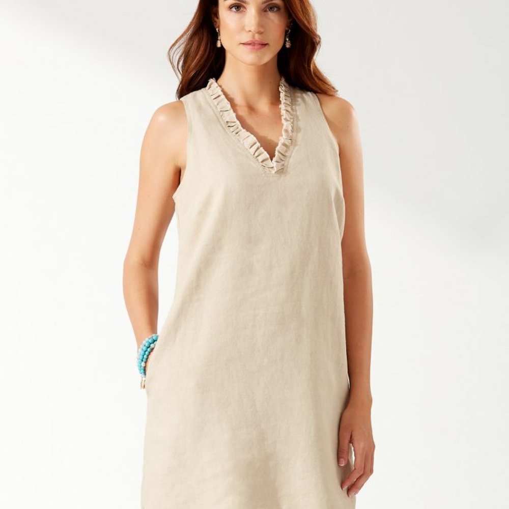 NWOT Tommy Bahama Two Palms ruffle v-neck frayed hem linen dress beach resort